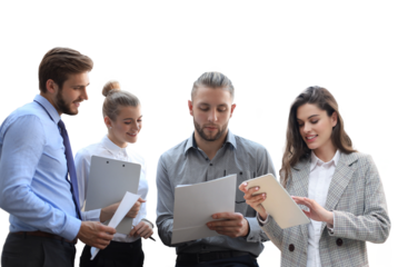 Business partners discussing documents and ideas at meeting on a transparent background