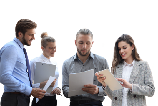 Business partners discussing documents and ideas at meeting on a transparent background