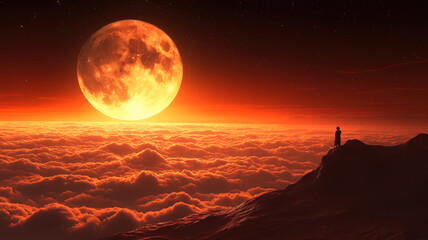 Peaceful romantic moon illuminating a starry night sky above the clouds in calm serenity