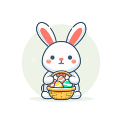 Festive bunny holding colorful Easter egg basket. Vector illustration ideal for holiday celebrations, spring traditions, and seasonal decoration concepts.