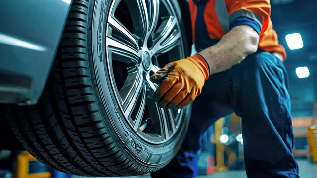 the master man replaces the tire. Selective focus