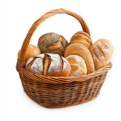various types of bread in a wicker basket, Isolated on white Background.