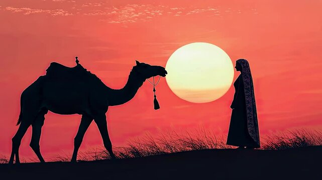 a woman with a camel in the desert. Selective focus