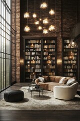 Luxurious Modern Living Room with Curved Sofa and Extensive Bookcases in a Loft Apartment