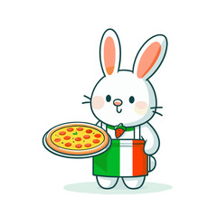 Cheerful cartoon chef rabbit with pizza and Italian flag. Great for authentic Italian cuisine, pizzeria promotions or international food festival illustrations.