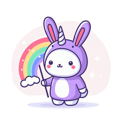 Cheerful cartoon unicorn rabbit in purple onesie with rainbow. Perfect for fantasy themes, magical character concepts or colorful children's content illustrations.