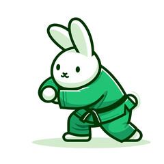 Focused cartoon martial artist rabbit in green uniform with fighting stance. Great for martial arts schools, self-defense training or discipline-building illustrations.