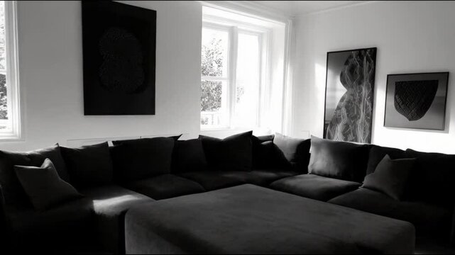 A contemporary black and white living area with a large sectional sofa, bold artwork on the walls, and natural light streaming in through expansive windows.