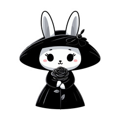 Cute cartoon bunny in elegant black funeral attire with rose. Vector illustration perfect for memorial services, gothic fashion, or formal mourning concept designs.