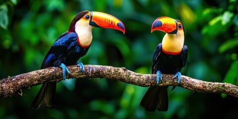 Obraz premium Two birds are perched on a branch, one of which is yellow