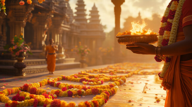 Puthandu Banner, Hindu temple decorated with fresh flower garlands, priest carrying tray of sacred fire for ritual, orange dusk background. ai generated images.