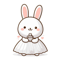 Obraz premium Rabbit in a white dress holding a ring with a sweet smile on a transparent background
