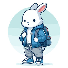Casual student bunny in blue denim jacket and backpack. Vector illustration perfect for youth fashion, back to school, and teenage lifestyle concepts.