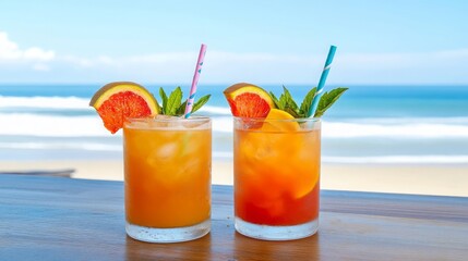 Refreshing Summer Cocktails on Beach Two Tropical Drinks with Grapefruit and Mint