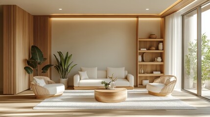 Serene living room bathed in natural light. White furniture, warm wood tones, and a lush plant create a tranquil, inviting space