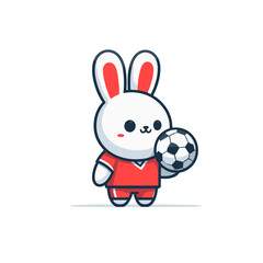 Obraz premium Cartoon bunny soccer player in red uniform holding ball. Vector illustration ideal for sports teams, football tournaments, or athletic activities for children concept designs.