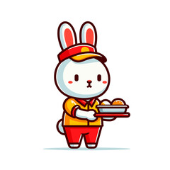 Chef bunny in red uniform presenting food plate on transparent background. Vector illustration ideal for culinary services, restaurant businesses, or food preparation promotional content.
