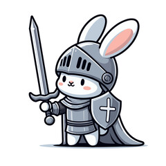 Knight bunny in metal armor with sword and shield on transparent background. Vector illustration ideal for medieval themes, fantasy adventures, or historical character design content.