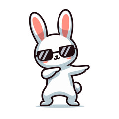 Cool bunny with sunglasses in dancing pose. Vector illustration ideal for party themes, music events, and trendy lifestyle content.