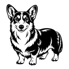 Fototapeta premium a detailed black and white illustration of a corgi dog. The dog is depicted in a standing pose with an adorable expression. vector illustration
