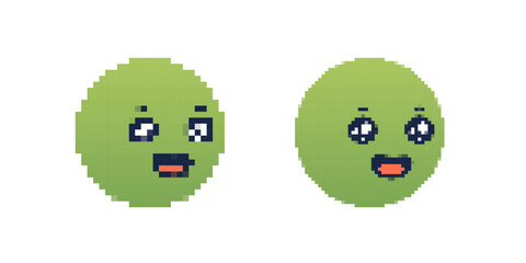 Two pixelated green smiley faces with different expressions, using basic graphic design elements.