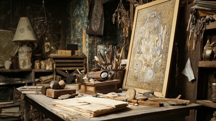 Fototapeta premium Rustic artist’s workshop with wooden tools and paintings