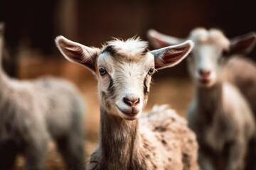 Obraz premium Close up portrait of a curious and adorable young goat with soft white and brown fur, standing in a rural farm environment looking directly at the camera