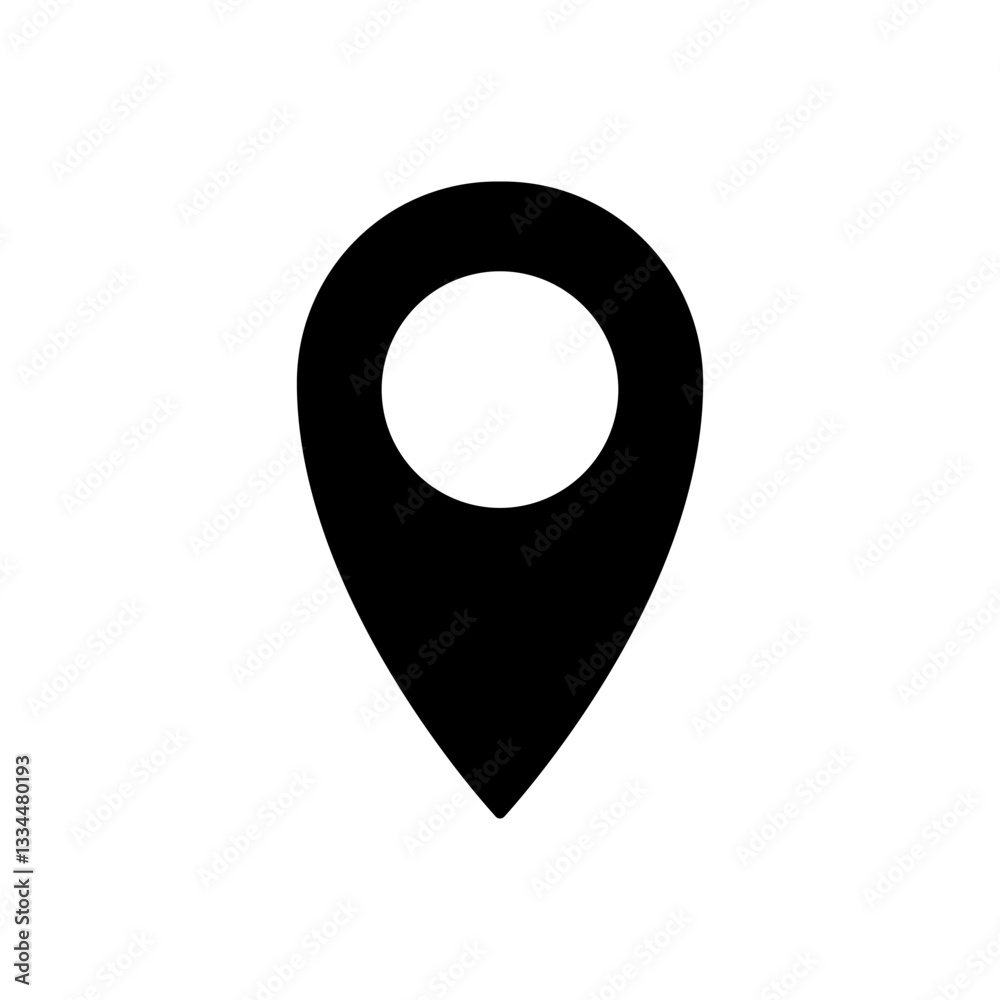 Poster black map pin icon representing a location marker, commonly used for maps and navigation apps.