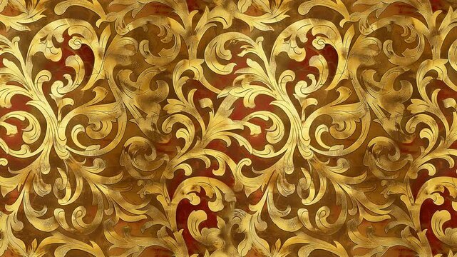 Seamless looping video pattern of rich golden baroque ornament with intricate swirls.