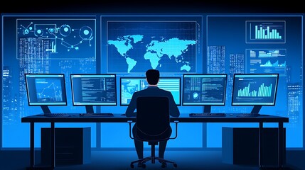 Man monitoring global data on multiple screens. (1)