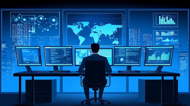 Man monitoring global data on multiple screens. (1)