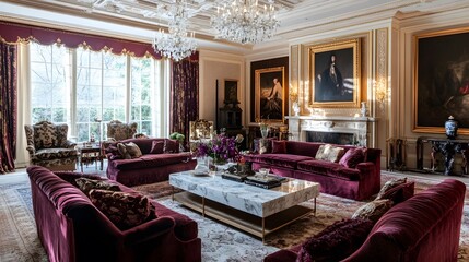A luxurious living room with a coffered ceiling, velvet furniture in jewel tones, a marble coffee table, and a chandelier casting elegant shadows