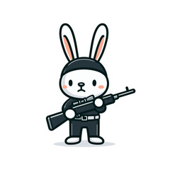 Military bunny with rifle and tactical gear. Vector illustration for armed forces themes and security service concepts.