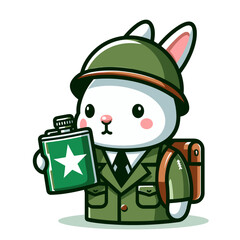 Military cartoon soldier rabbit with canteen in green uniform. Ideal for armed forces themes, veteran tributes or military service educational illustrations.