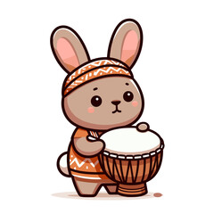 Fototapeta premium Tribal cartoon drummer rabbit with ethnic pattern headband and drum. Perfect for cultural festivals, traditional music or indigenous arts illustrations.