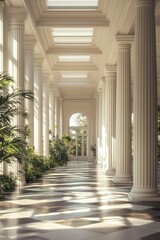 Obraz premium Sunlit Colonnade Elegant Architecture and Tranquil Garden