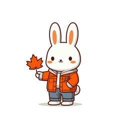 Cute cartoon bunny in orange autumn jacket holding maple leaf. Vector illustration perfect for fall season, nature walks, or seasonal wardrobe concept designs.