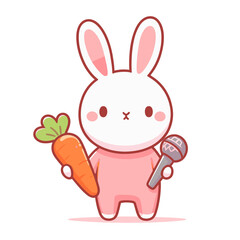 Cartoon bunny chef in pink jumpsuit holding carrot and spatula. Vector illustration ideal for healthy cooking, vegetable recipes, or culinary character concept designs.