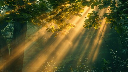 Enchanted Forest Sunrise with Tyndall Effect - Natural Light Visualization for Wellness Content