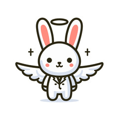 Obraz premium Angel bunny with wings and halo in white outfit on transparent background. Vector illustration ideal for religious themes, spiritual concepts, or heavenly character design references.