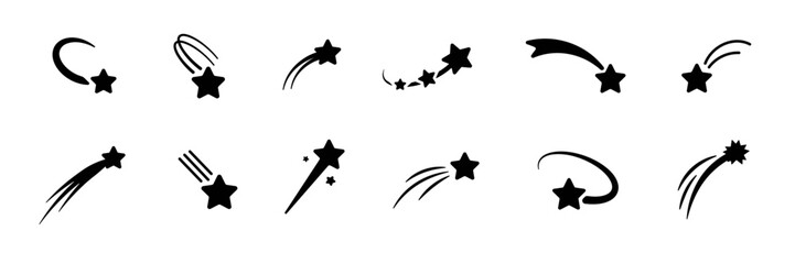 A set of silhouettes displays shooting stars in various forms, offering simple yet dynamic designs.