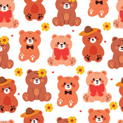seamless pattern cute cartoon bear sitting wearing hat and bow with sun flower around. cute animal pattern for wallpaper, background and gift wrap paper