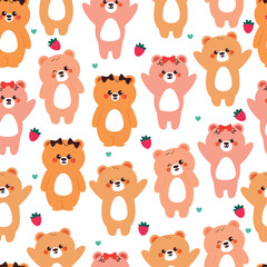 seamless pattern cute cartoon happy bear with strawberry and cute bow. cute animal pattern for wallpaper, background and gift wrap paper