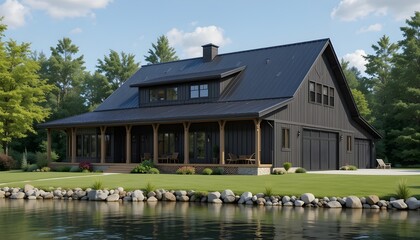 A barndominium home with black roof and black siding at lakeside