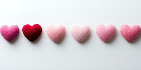 Fototapeta premium Row of Pink and Red Felt Hearts on White Background Valentine s Day Love Romance