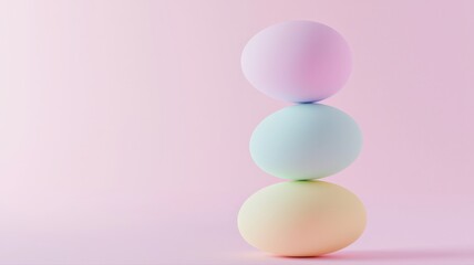 A cute 3D render of three pastel-colored Easter eggs stacked on top of each other, showcasing soft hues and playful patterns, creating a cheerful and festive holiday display