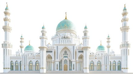 Majestic White Mosque with Turquoise Domes and Elegant Minarets against Clear Sky Background
