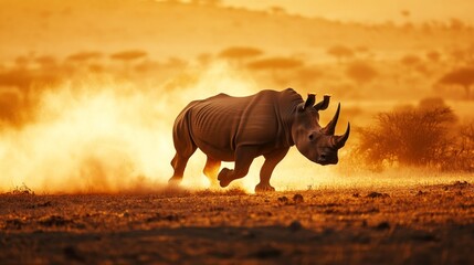 Fototapeta premium Lone rhinoceros walking through the savanna africa gigapixel image natural beauty ground level wildlife documentary