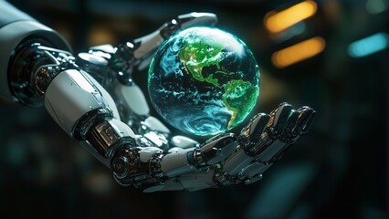A close-up of a robotic hand gently holding a small glowing Green Earth, symbolizing AI protecting the environment, high-definition, stunning lighting, professional composition