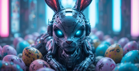 Fototapeta premium Cyberpunk Easter Bunny with neon lights with Easter eggs